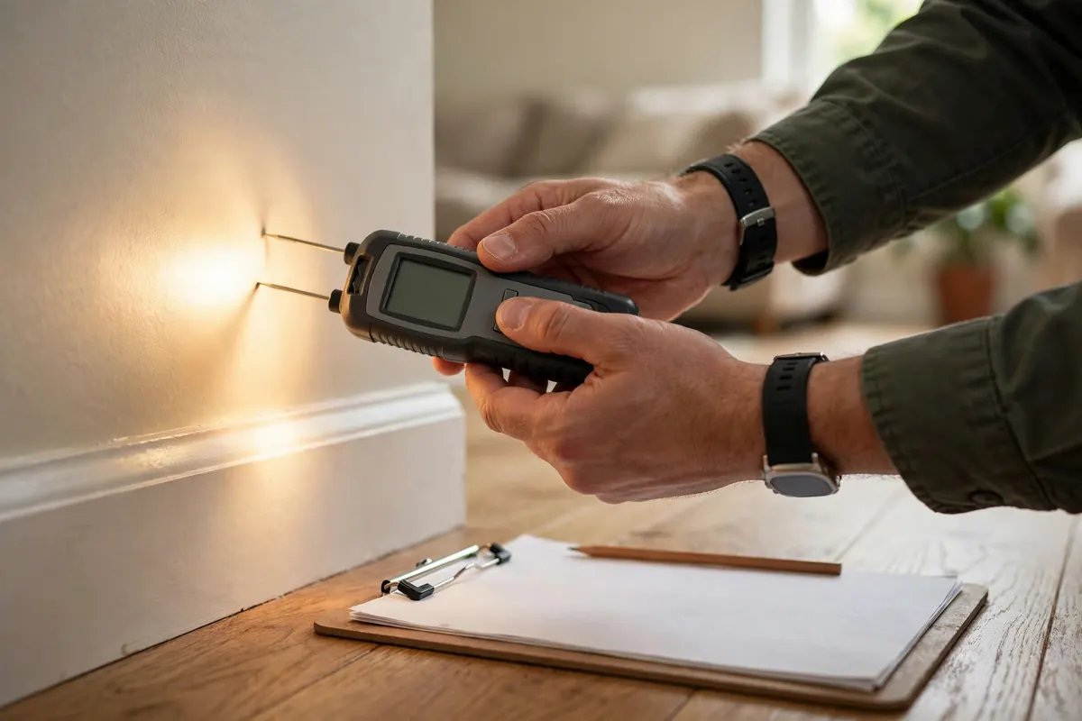 Home inspector checking a wall with a moisture meter